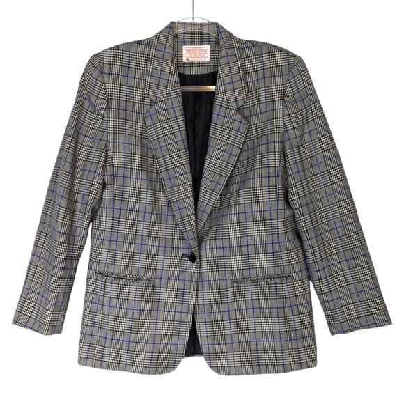 Pendleton Blazer Wool Black White Houndstooth Blue Windowpane Vintage 80's - Picture 1 of 11